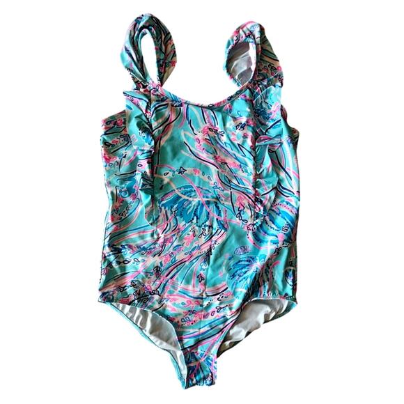 Lilly Pulitzer Girls One Piece Swimsuit, Sz 12, Bayside Blue Under The Moon - Picture 1 of 6
